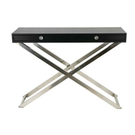 EMPIRE ART DIRECT Black Ostrich Exotic Leather Console Table with Stainless Steel Legs K-D EXL-1003-04BLK-SS